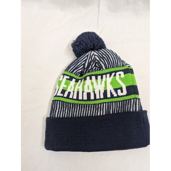 New Era NFL Seattle Seahawks unisex pom pom beanie, navy blue white and green C9 - Picture 3 of 4